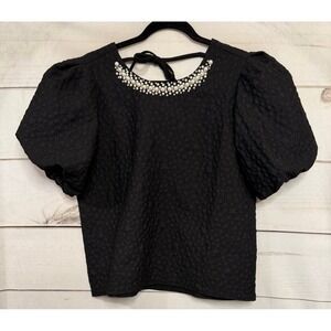 Hazel Hazel Embellished Pearl Neckline Puff Sleeve Textured Black Top M
